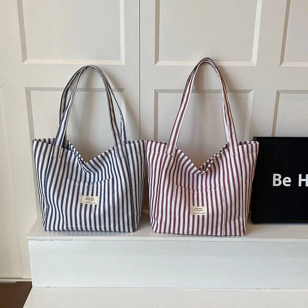 Striped Canvas Beach Tote Bag