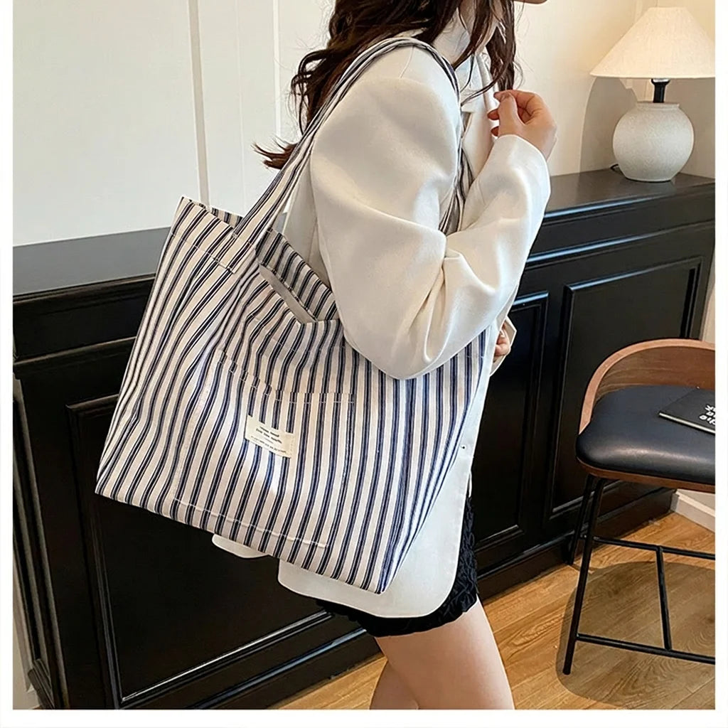 Striped Canvas Beach Tote Bag